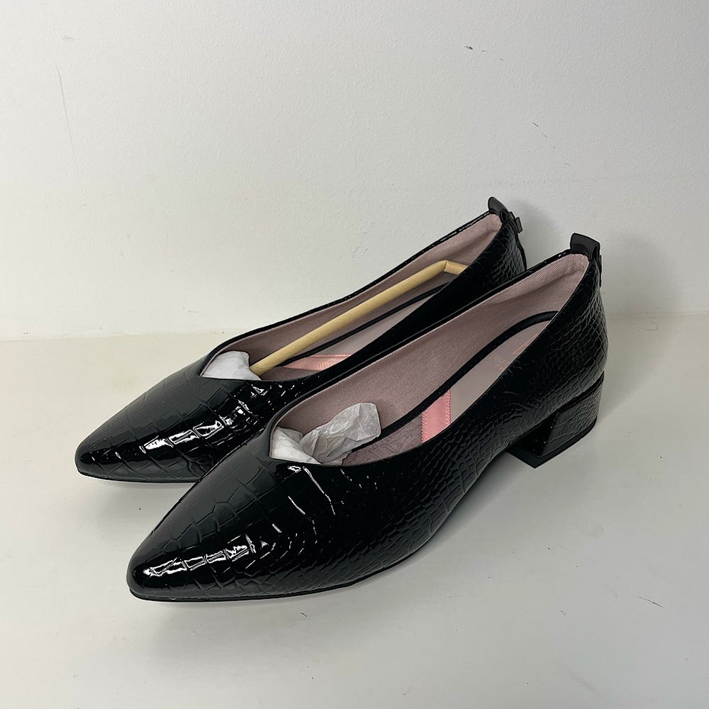 Black vegan leather, memory foam, flexible low heels from Butterfly twists 8